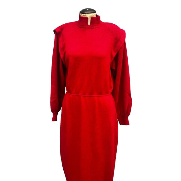 Vintage St. John Marie Red Knit Midi Dress Women's 10 80s Big Shoulders - Picture 5 of 10